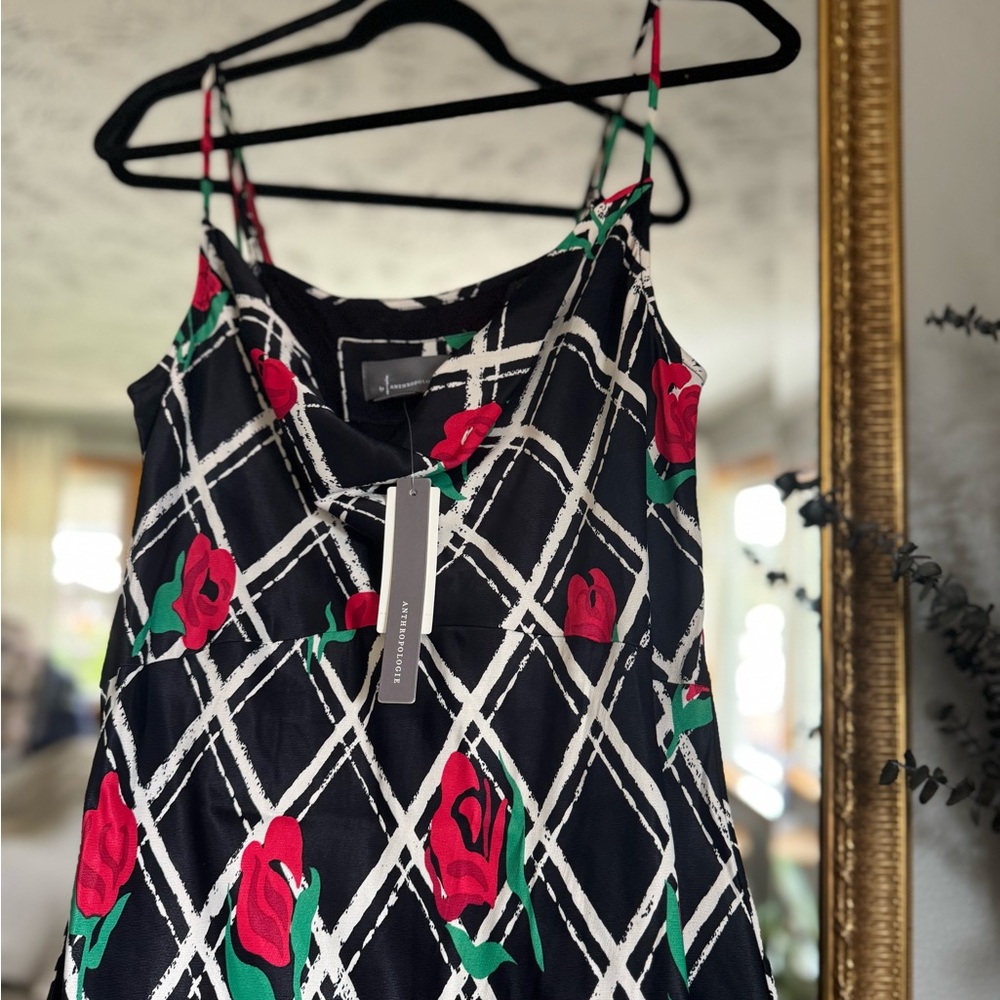 Anthropologie Floral Maxi Dress🌹Romantic Strappy Midi Black White Red Rose Print - Picture 4 of 9